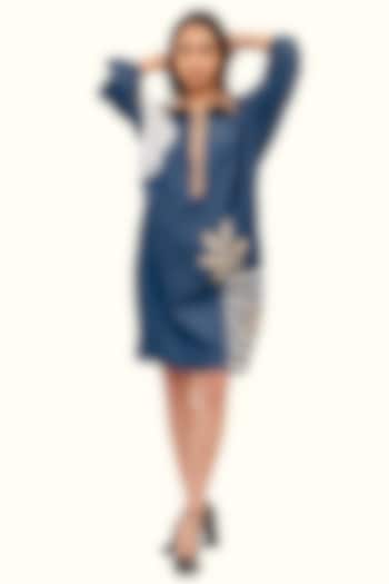 Blue Denim & Cotton Floral Embroidered Summer Dress by Richaa Goenka at Pernia's Pop Up Shop