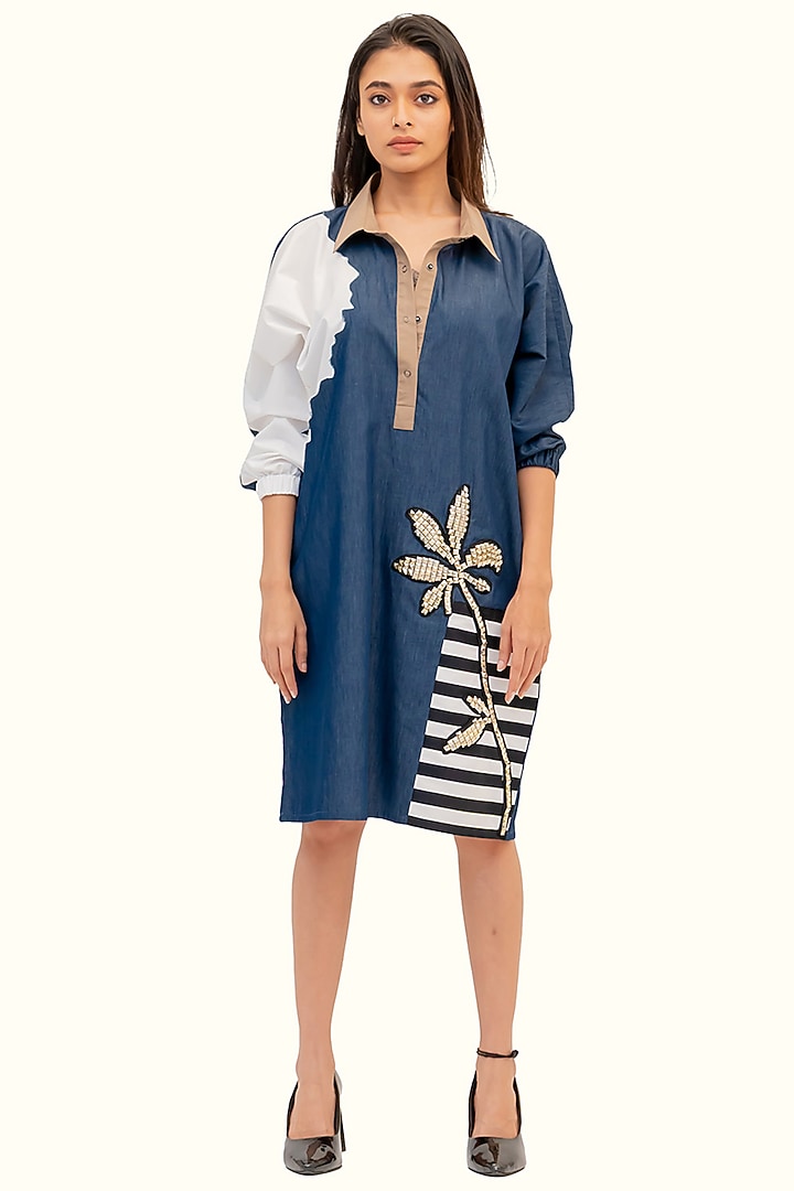 Blue Denim & Cotton Floral Embroidered Summer Dress by Richaa Goenka at Pernia's Pop Up Shop