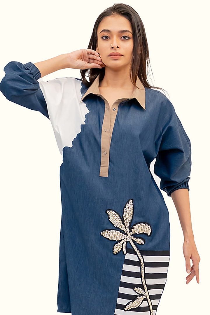 Blue Denim & Cotton Floral Embroidered Summer Dress by Richaa Goenka at Pernia's Pop Up Shop