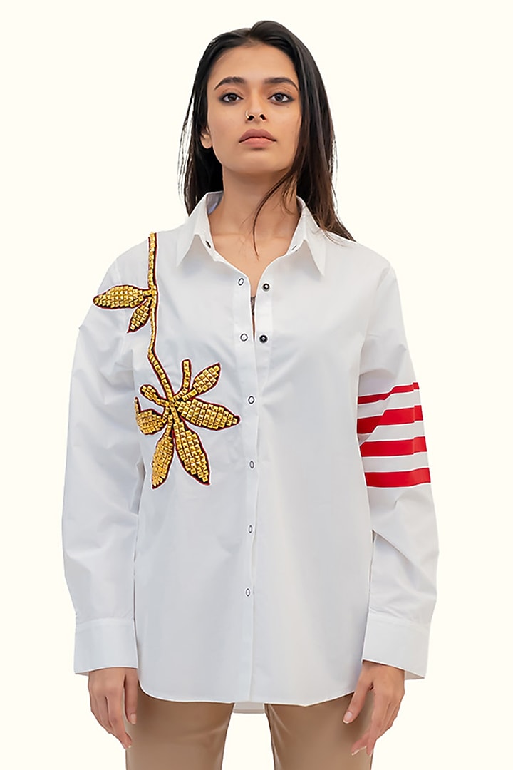 White Cotton Floral Embroidered Shirt by Richaa Goenka at Pernia's Pop Up Shop