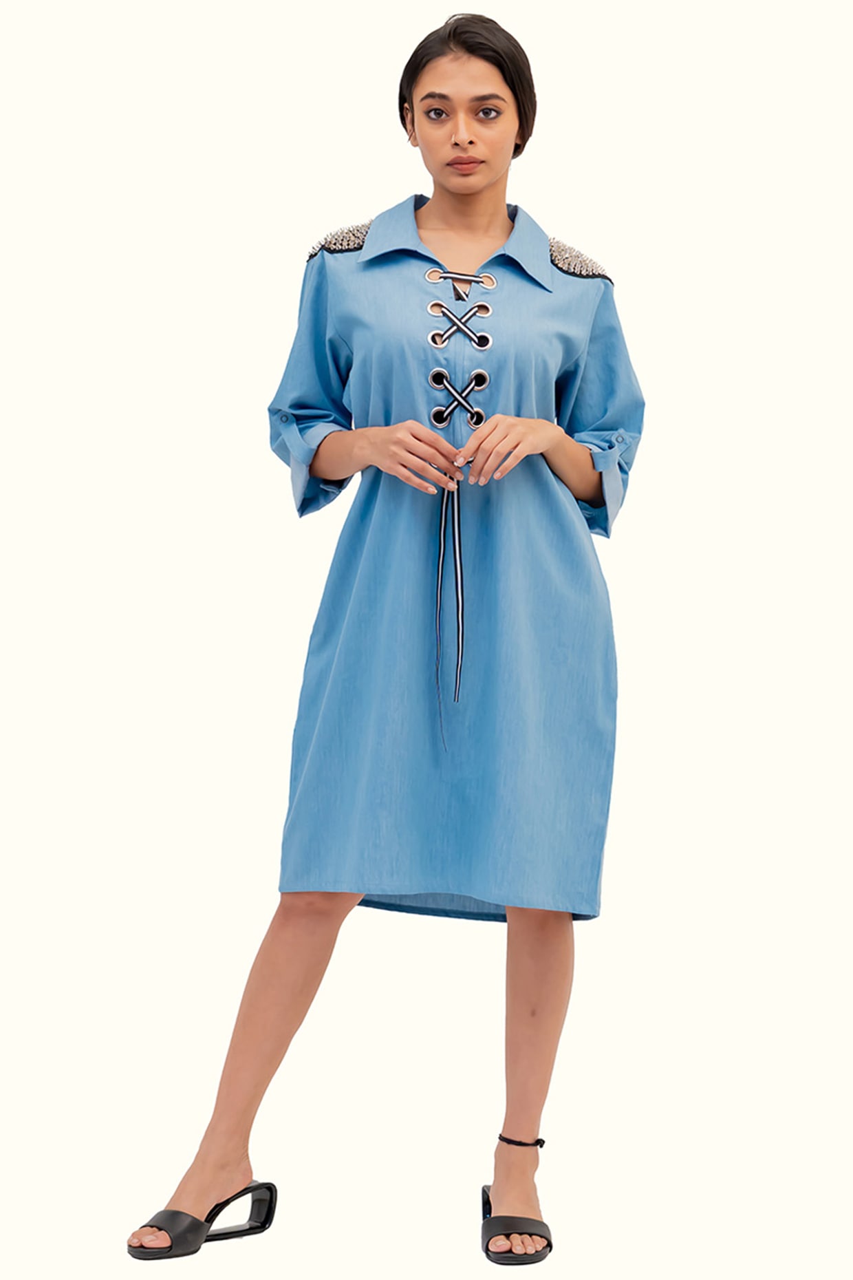 Richaa Goenka Blue Denim Cotton Embellished Dress