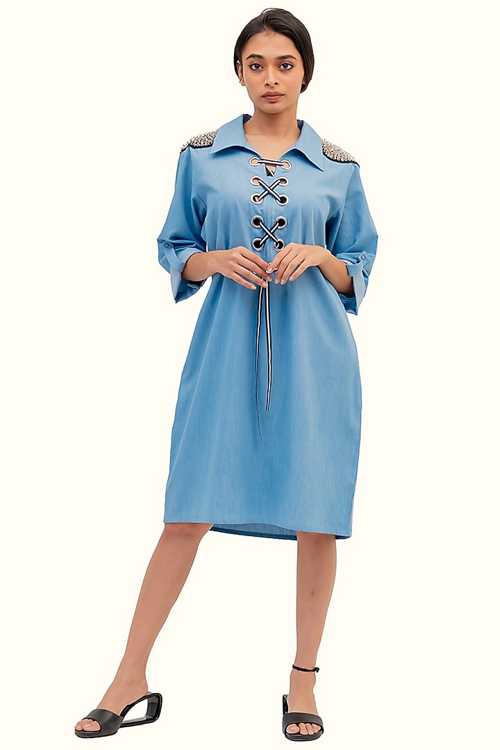 Blue Denim Cotton Embellished Summer Dress by Richaa Goenka at Pernia's Pop Up Shop