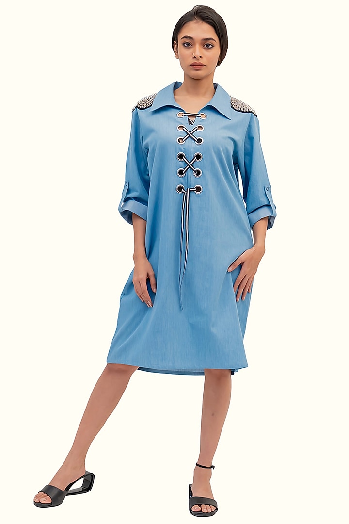 Blue Denim Cotton Embellished Summer Dress by Richaa Goenka at Pernia's Pop Up Shop