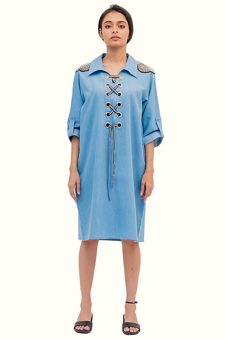 Blue Denim Cotton Embellished Summer Dress by Richaa Goenka at Pernia's Pop Up Shop