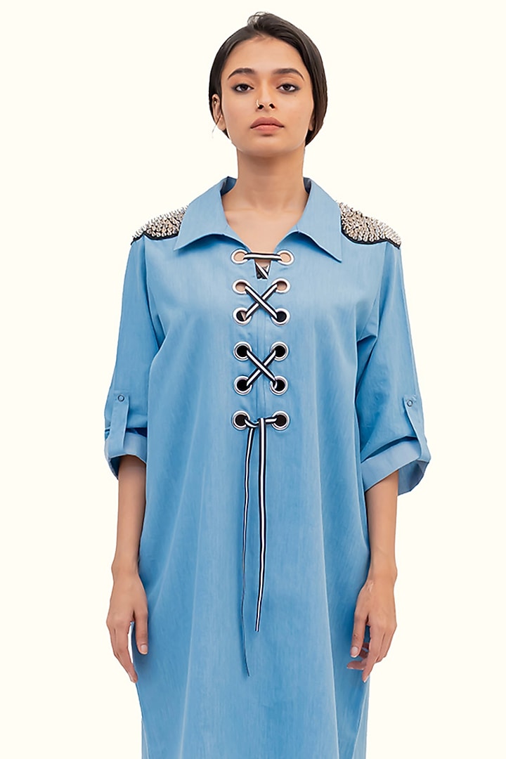 Blue Denim Cotton Embellished Summer Dress by Richaa Goenka at Pernia's Pop Up Shop