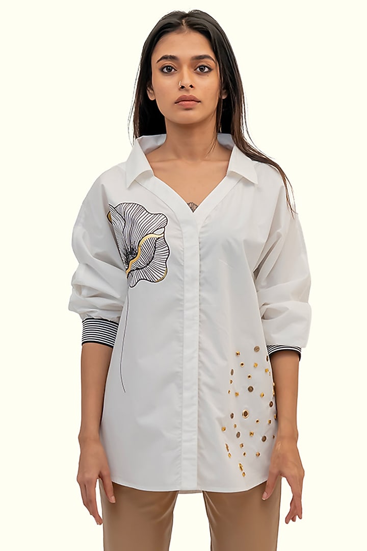 White Cotton Embroidered Shirt by Richaa Goenka at Pernia's Pop Up Shop