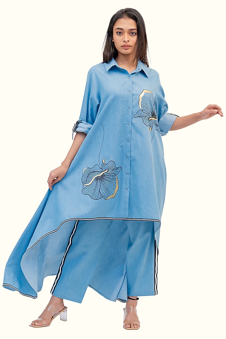 Blue Cotton Denim Foil Printed High-Low Tunic by Richaa Goenka at Pernia's Pop Up Shop