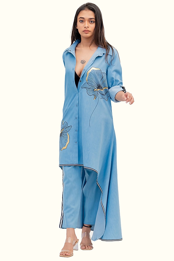 Blue Cotton Denim Foil Printed High-Low Tunic by Richaa Goenka at Pernia's Pop Up Shop