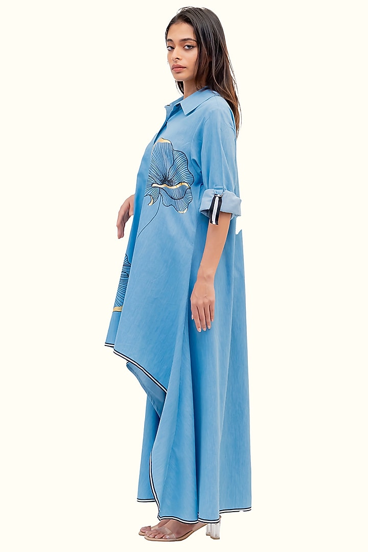 Blue Cotton Denim Foil Printed High-Low Tunic by Richaa Goenka at Pernia's Pop Up Shop