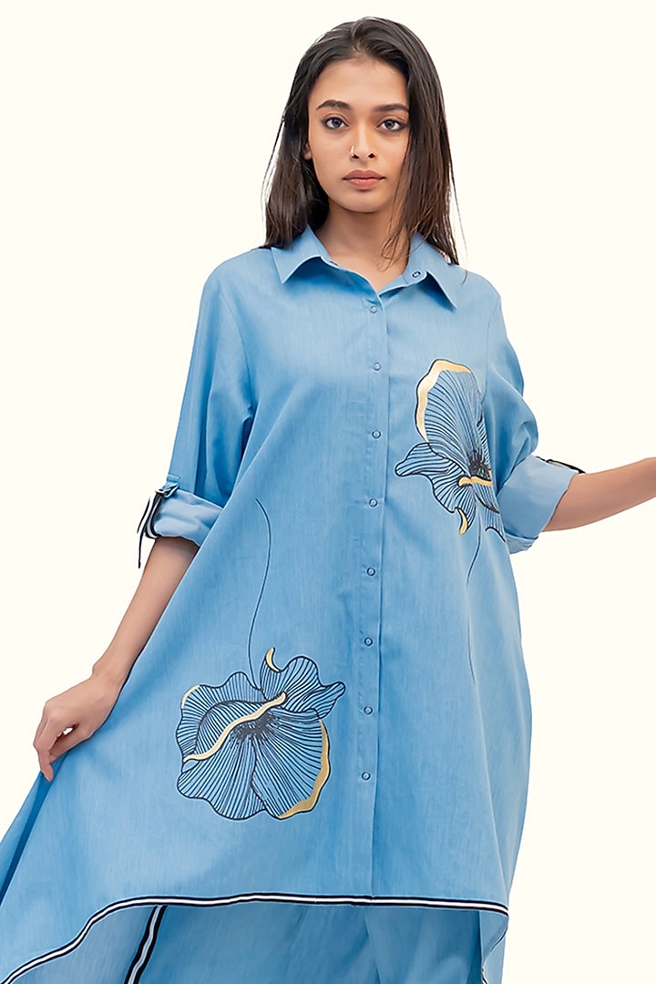 Blue Cotton Denim Foil Printed High-Low Tunic by Richaa Goenka at Pernia's Pop Up Shop