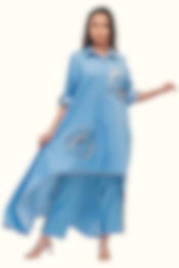 Blue Cotton Denim Foil Printed High-Low Tunic Set by Richaa Goenka at Pernia's Pop Up Shop
