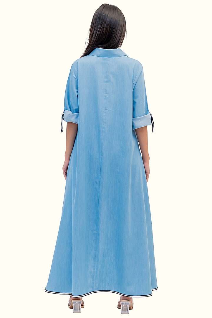 Blue Cotton Denim Foil Printed High-Low Tunic Set by Richaa Goenka at Pernia's Pop Up Shop
