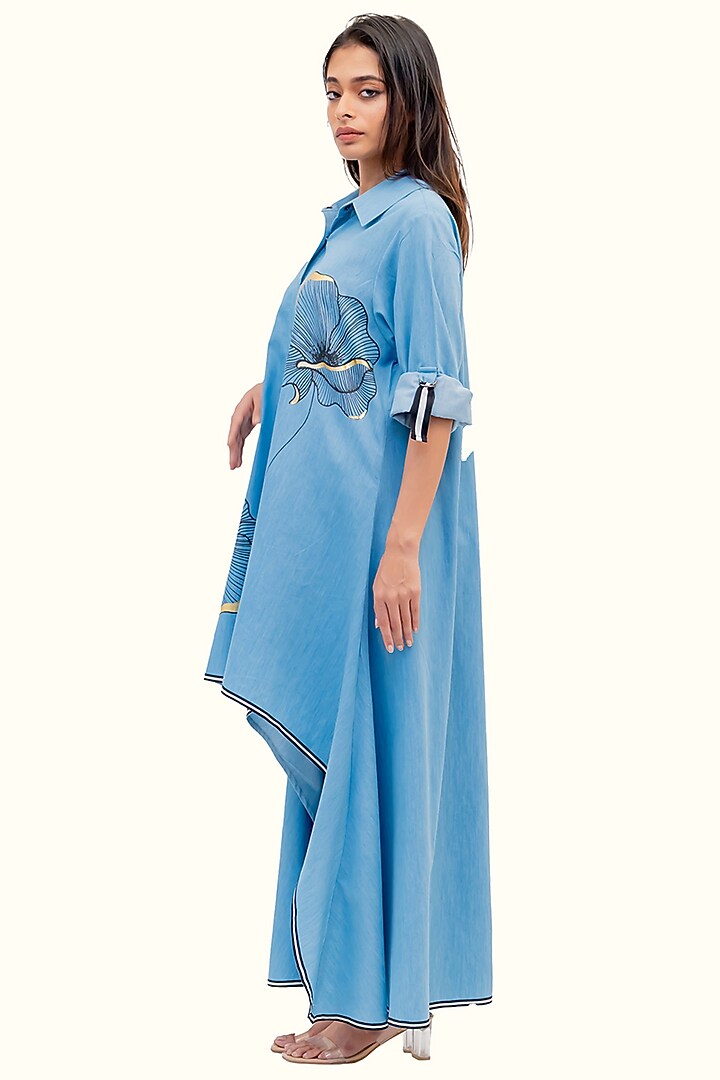Blue Cotton Denim Foil Printed High-Low Tunic Set by Richaa Goenka at Pernia's Pop Up Shop