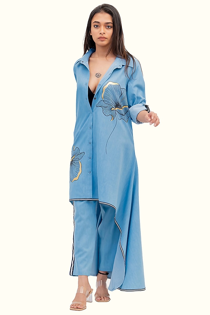 Blue Cotton Denim Foil Printed High-Low Tunic Set by Richaa Goenka at Pernia's Pop Up Shop