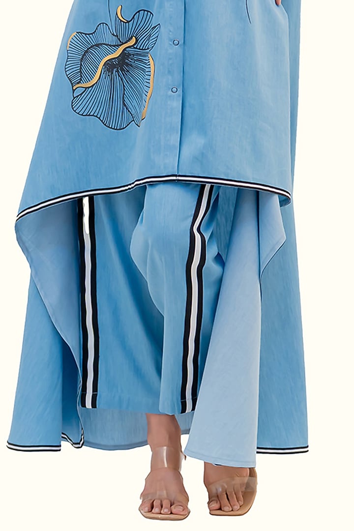 Blue Cotton Denim Foil Printed High-Low Tunic Set by Richaa Goenka at Pernia's Pop Up Shop