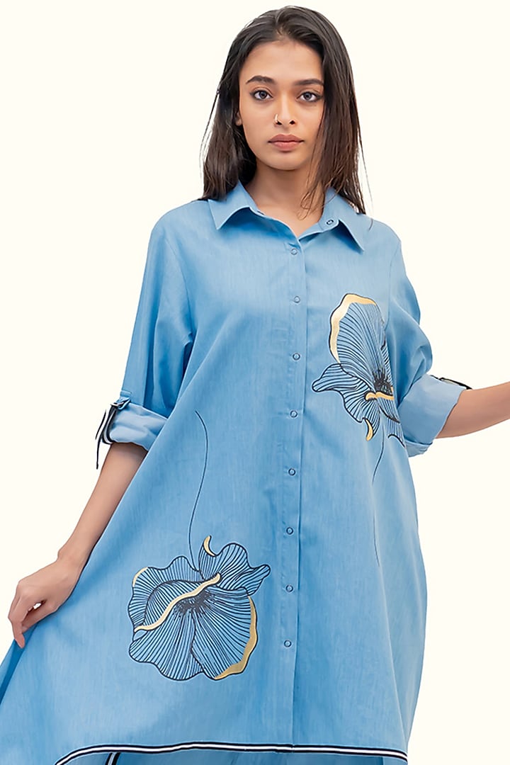 Blue Cotton Denim Foil Printed High-Low Tunic Set by Richaa Goenka at Pernia's Pop Up Shop