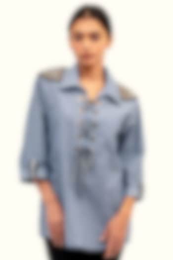 Blue Cotton Embellished Shirt by Richaa Goenka at Pernia's Pop Up Shop