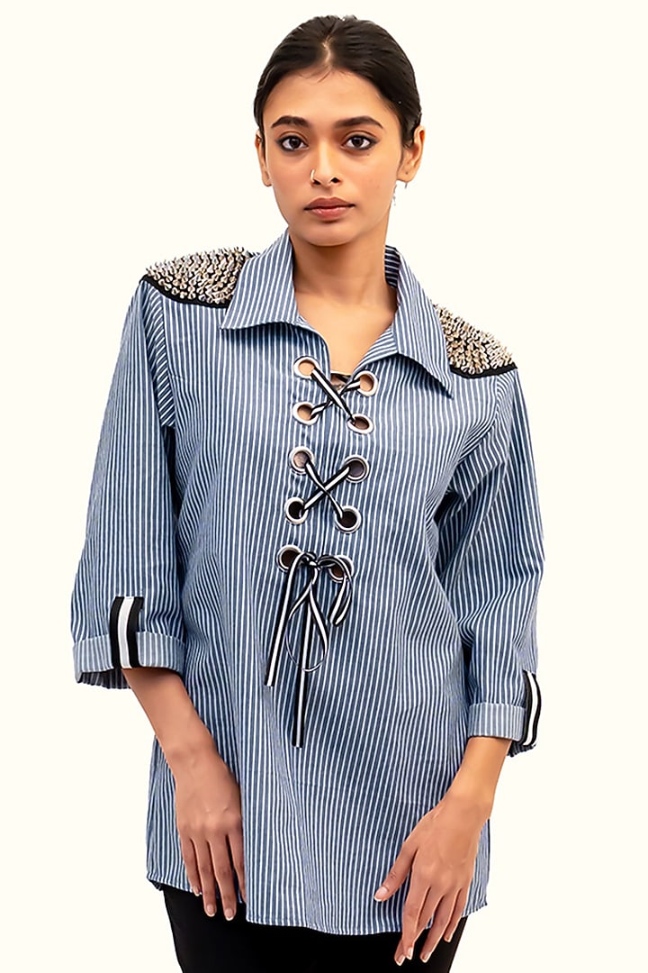Blue Cotton Embellished Shirt by Richaa Goenka at Pernia's Pop Up Shop