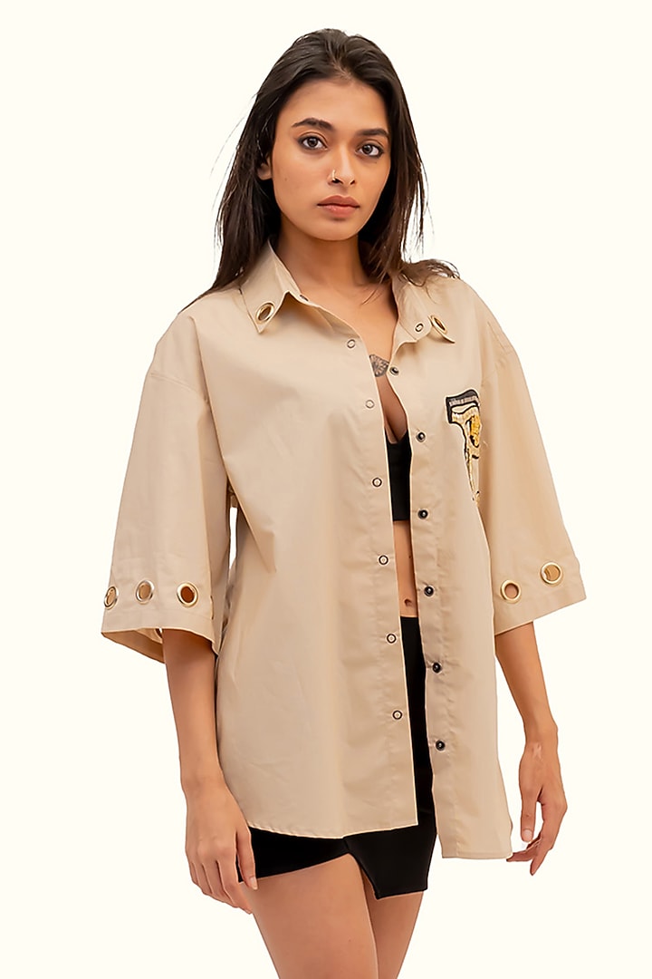 Beige Cotton Embroidered Oversized Shirt by Richaa Goenka at Pernia's Pop Up Shop