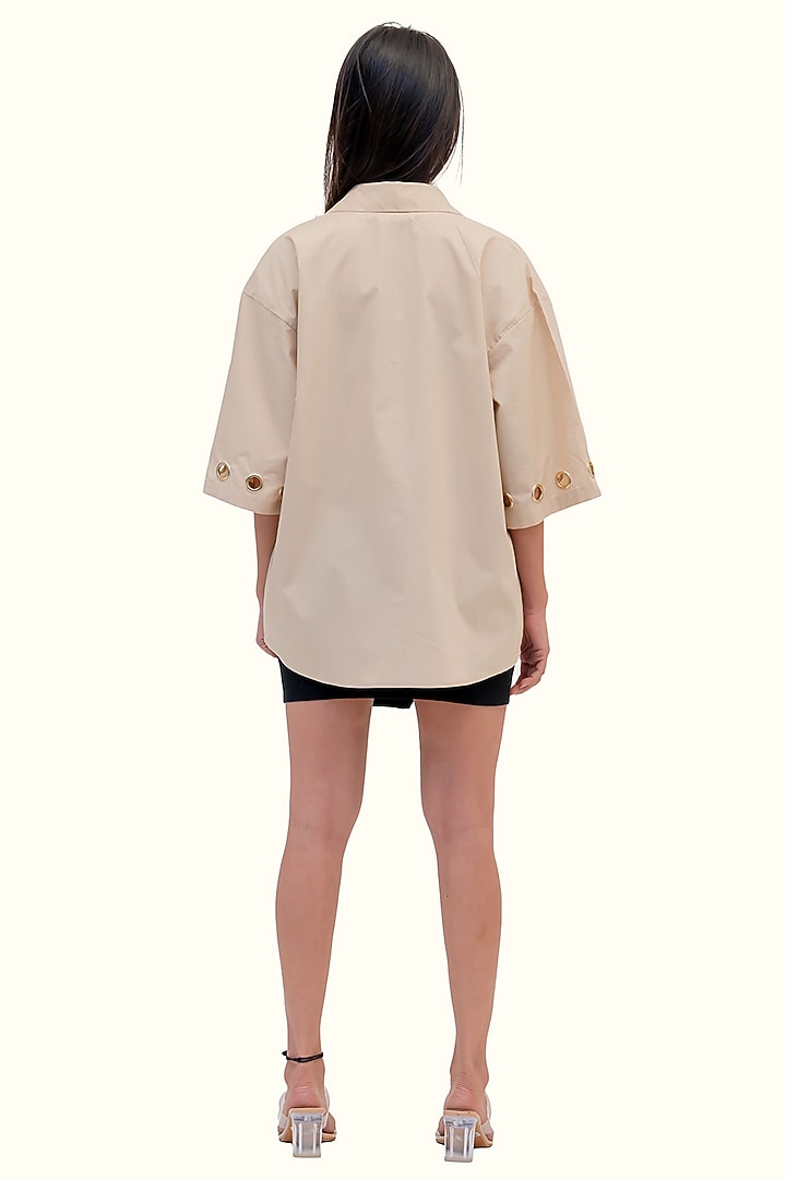 Beige Cotton Embroidered Oversized Shirt by Richaa Goenka at Pernia's Pop Up Shop