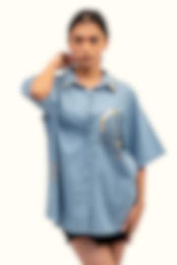 Blue Cotton Denim Foil Printed Shirt by Richaa Goenka at Pernia's Pop Up Shop