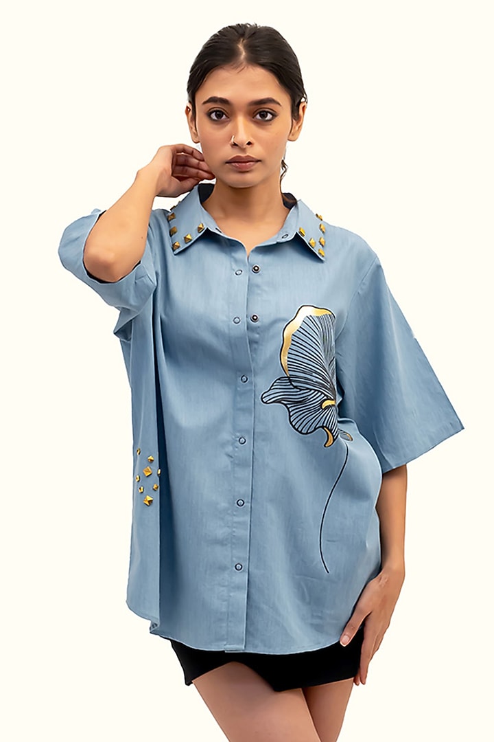 Blue Cotton Denim Foil Printed Shirt by Richaa Goenka at Pernia's Pop Up Shop