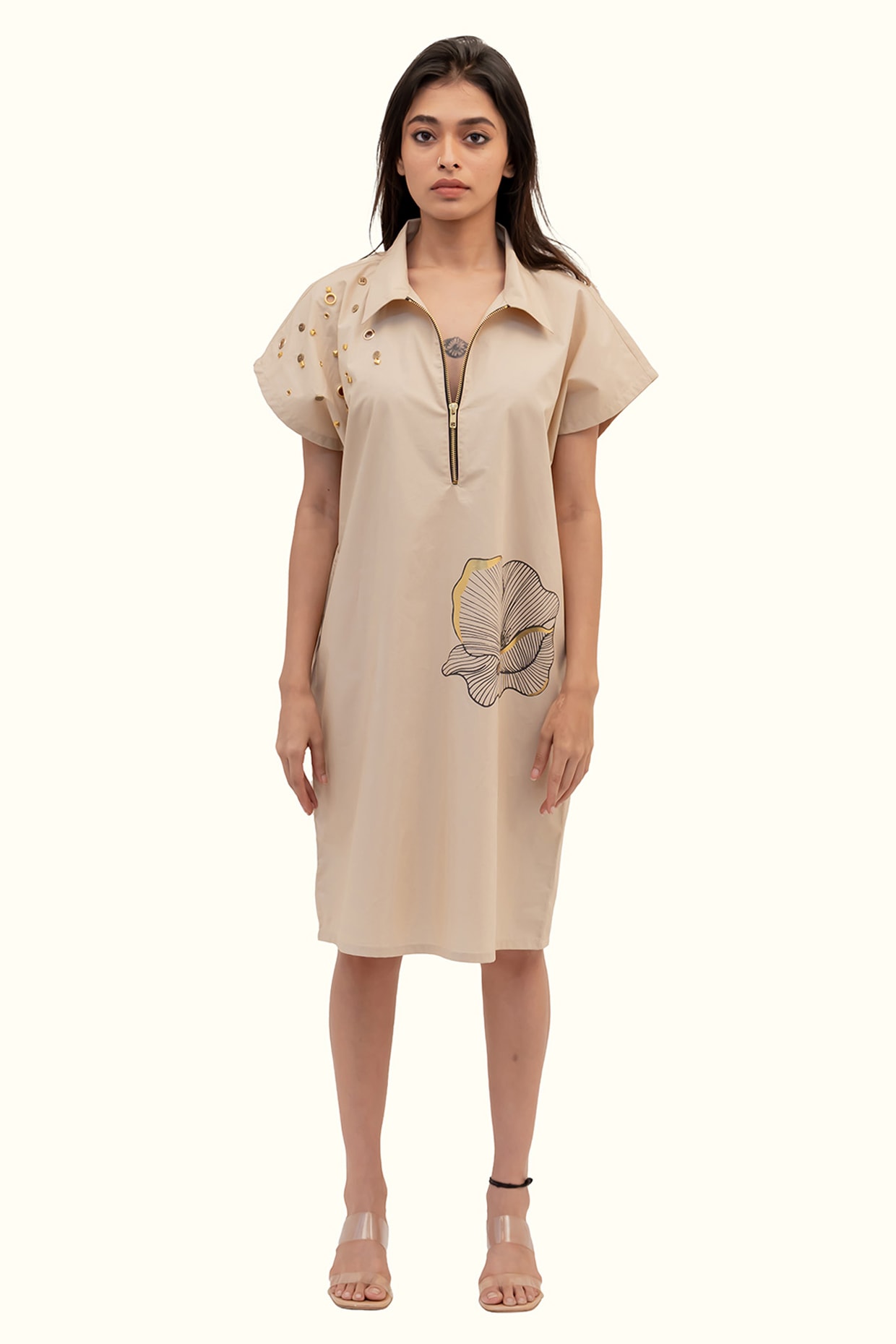Richaa Goenka Beige Cotton Foil Printed & Embroidered Dress