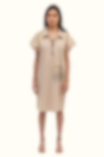 Beige Cotton Foil Printed & Embroidered Summer Dress by Richaa Goenka at Pernia's Pop Up Shop
