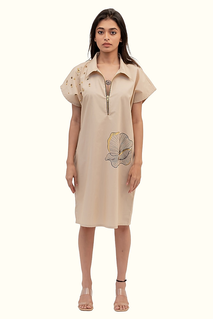 Beige Cotton Foil Printed & Embroidered Summer Dress by Richaa Goenka at Pernia's Pop Up Shop
