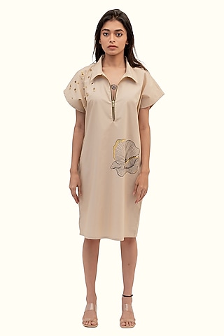 Beige Cotton Foil Printed & Embroidered Dress by Richaa Goenka