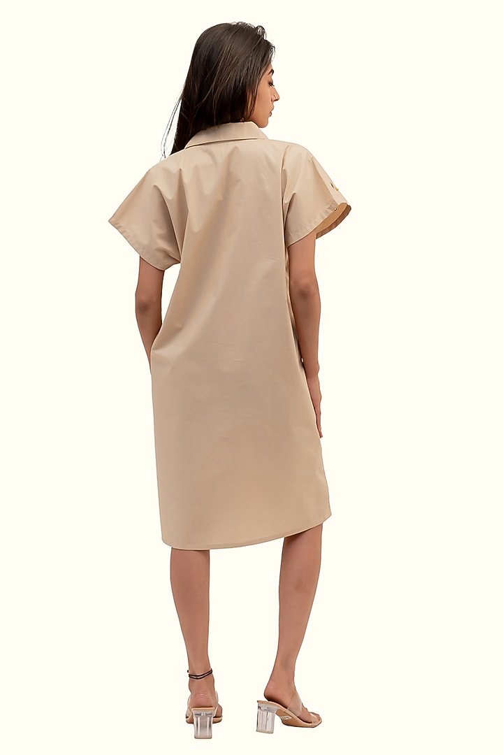 Beige Cotton Foil Printed & Embroidered Summer Dress by Richaa Goenka at Pernia's Pop Up Shop