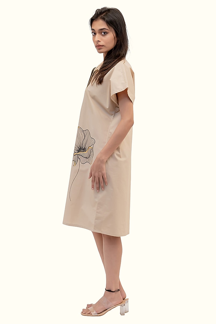 Beige Cotton Foil Printed & Embroidered Summer Dress by Richaa Goenka at Pernia's Pop Up Shop