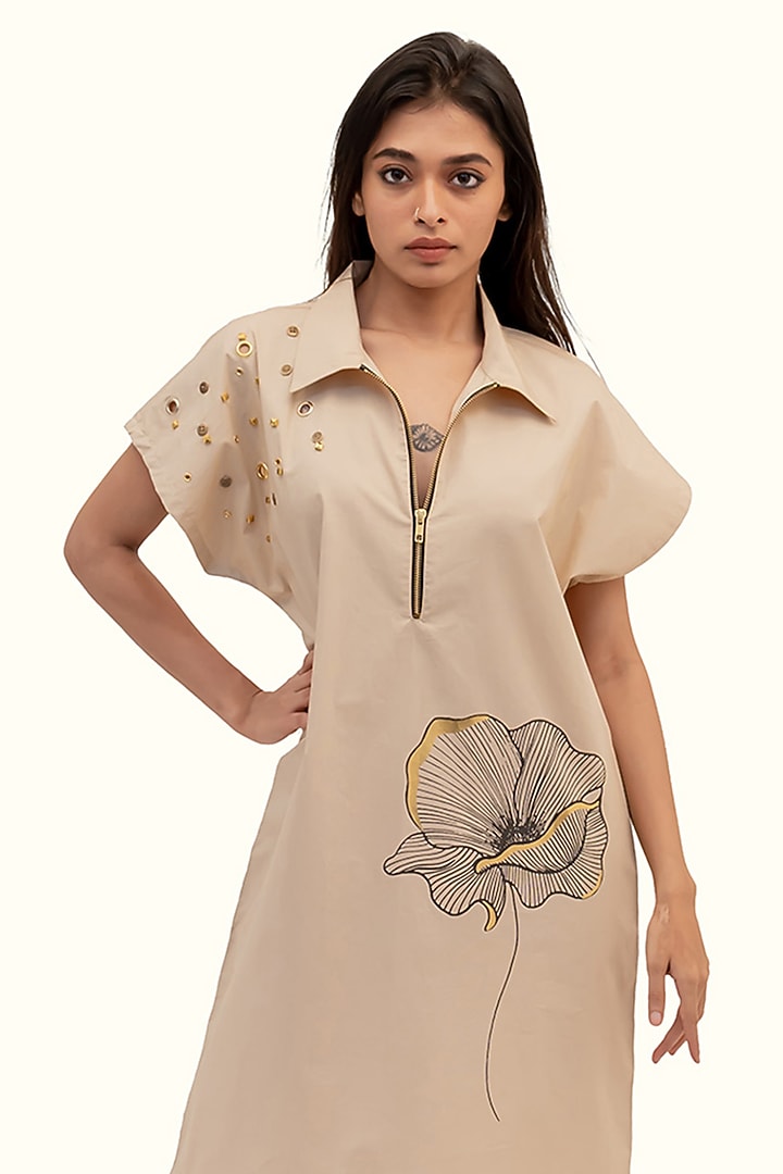 Beige Cotton Foil Printed & Embroidered Summer Dress by Richaa Goenka at Pernia's Pop Up Shop