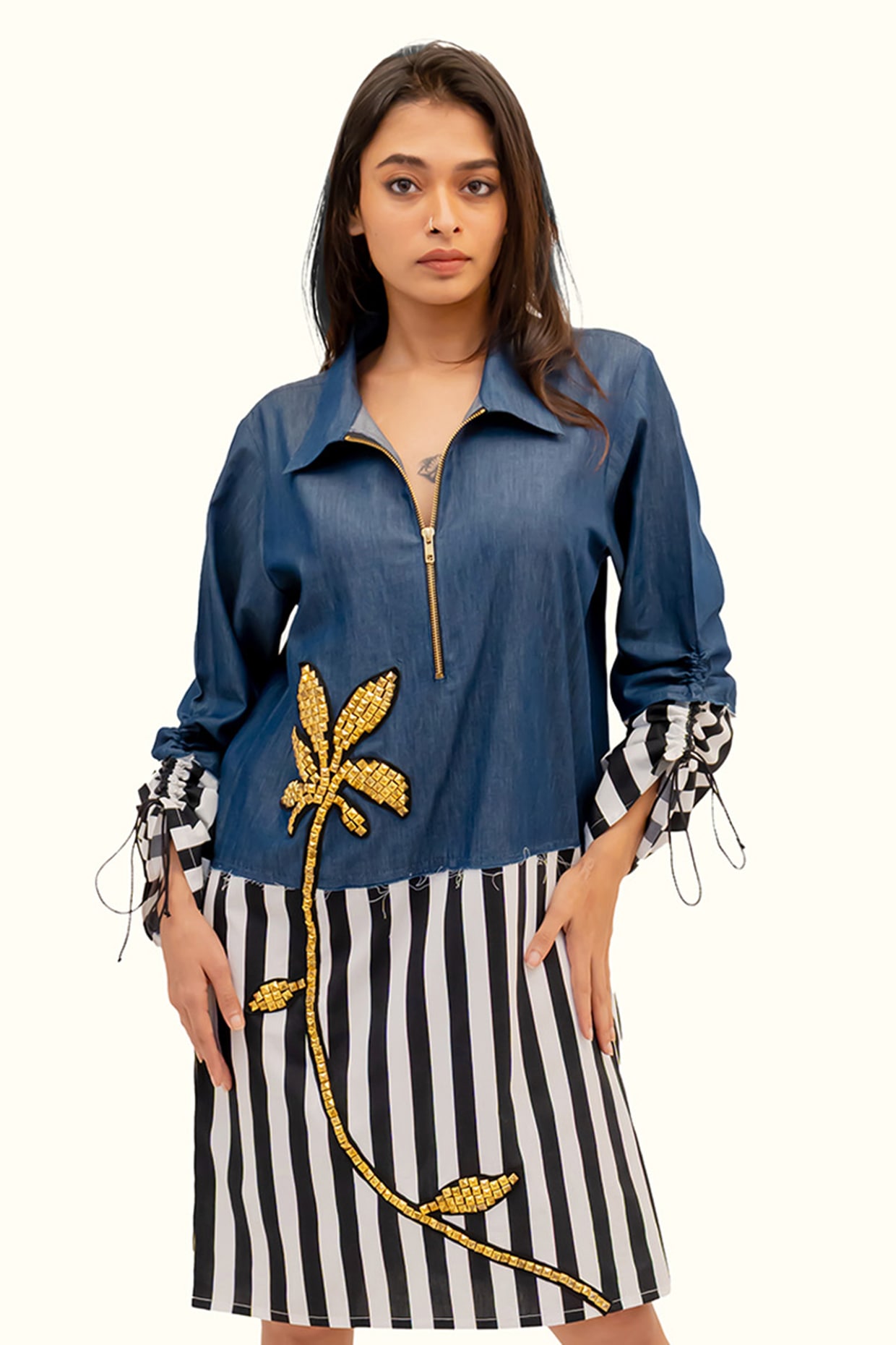 Richaa Goenka Multi-Colored Denim Cotton Striped Dress
