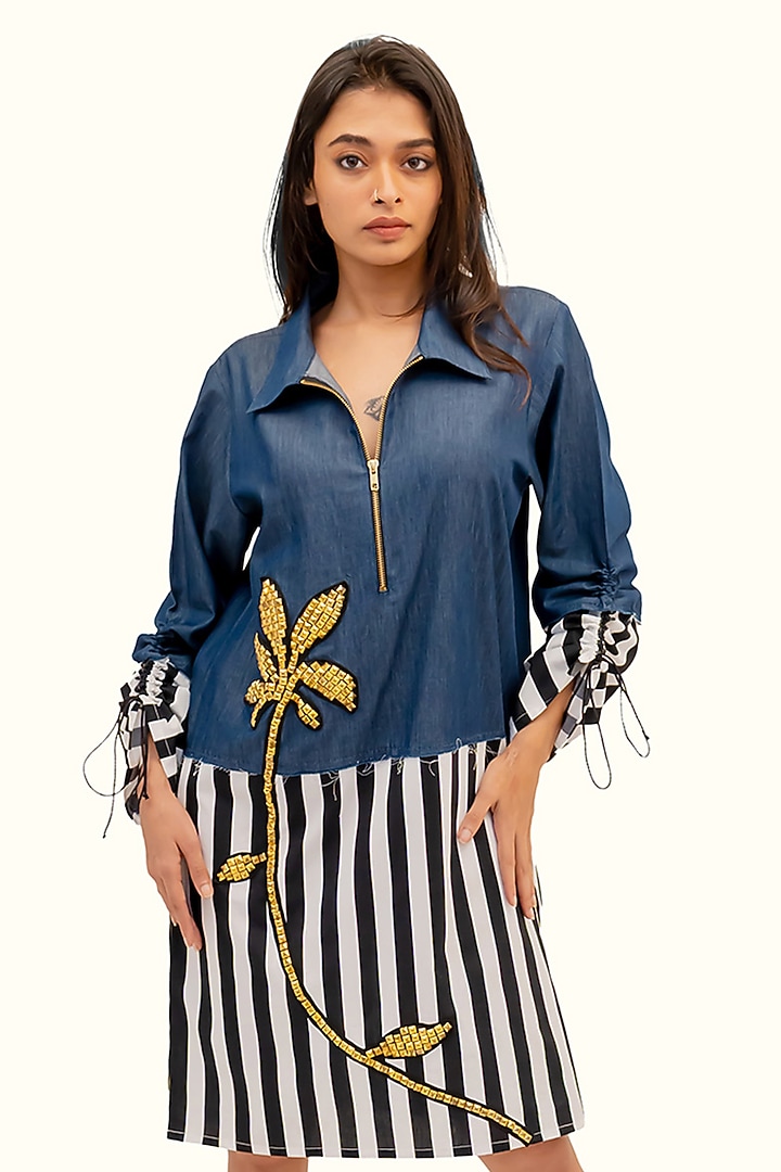 Multi-Colored Denim Cotton Striped Summer Dress by Richaa Goenka at Pernia's Pop Up Shop