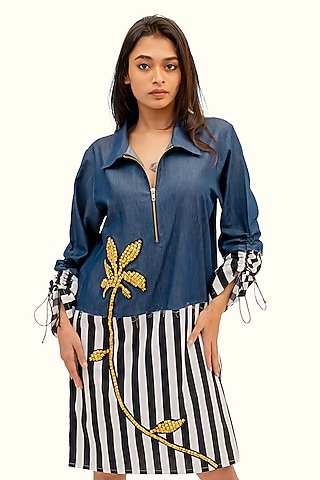 Multi-Colored Denim Cotton Striped Dress by Richaa Goenka