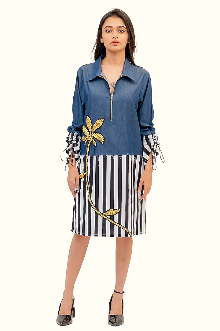 Multi-Colored Denim Cotton Striped Summer Dress by Richaa Goenka at Pernia's Pop Up Shop