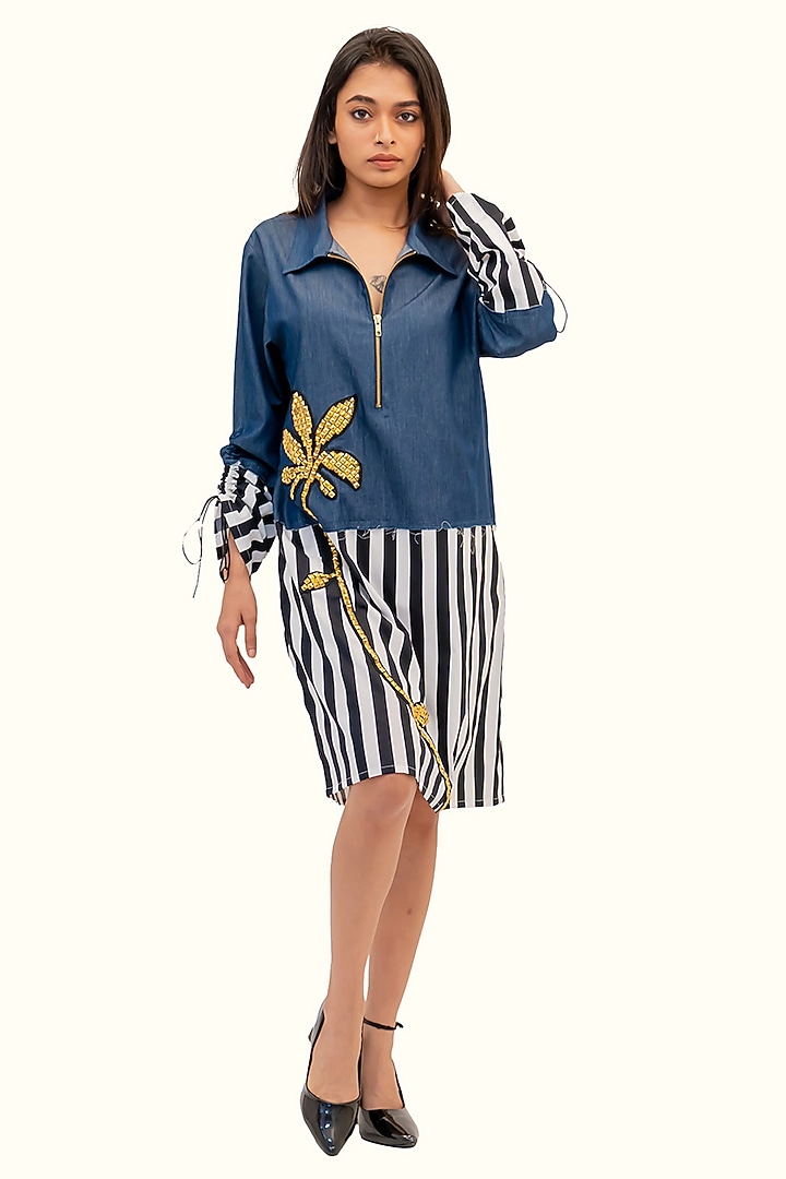 Multi-Colored Denim Cotton Striped Summer Dress by Richaa Goenka at Pernia's Pop Up Shop