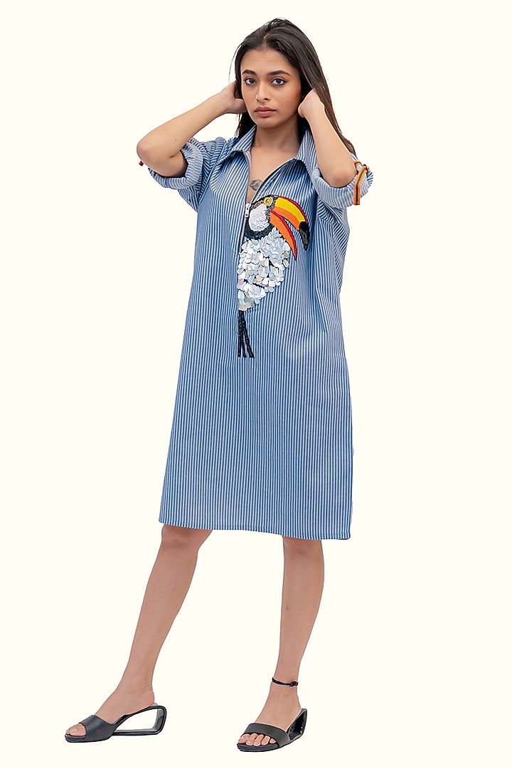 Blue & White Cotton Embroidered Striped Summer Dress by Richaa Goenka at Pernia's Pop Up Shop