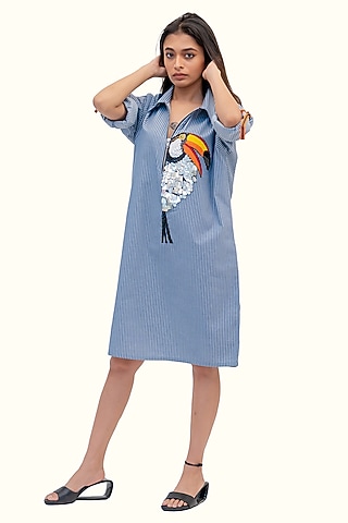 Blue & White Cotton Embroidered Striped Dress by Richaa Goenka
