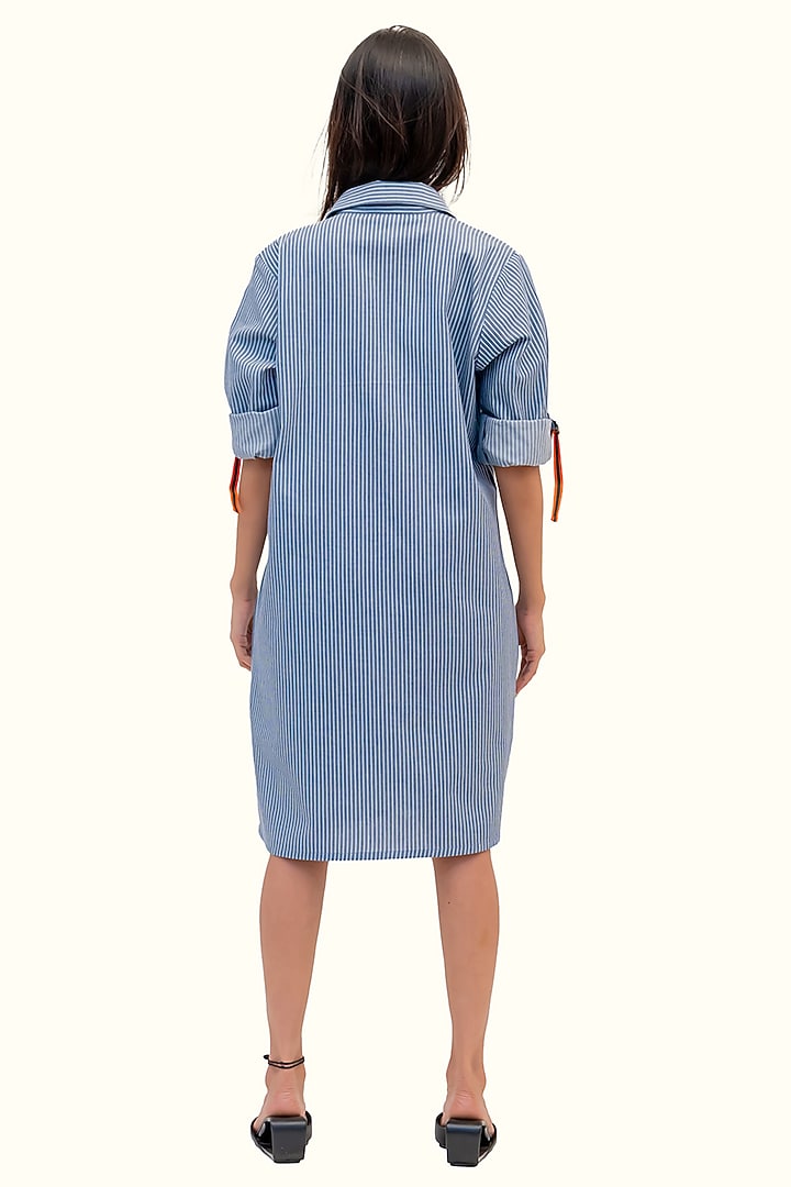 Blue & White Cotton Embroidered Striped Summer Dress by Richaa Goenka at Pernia's Pop Up Shop
