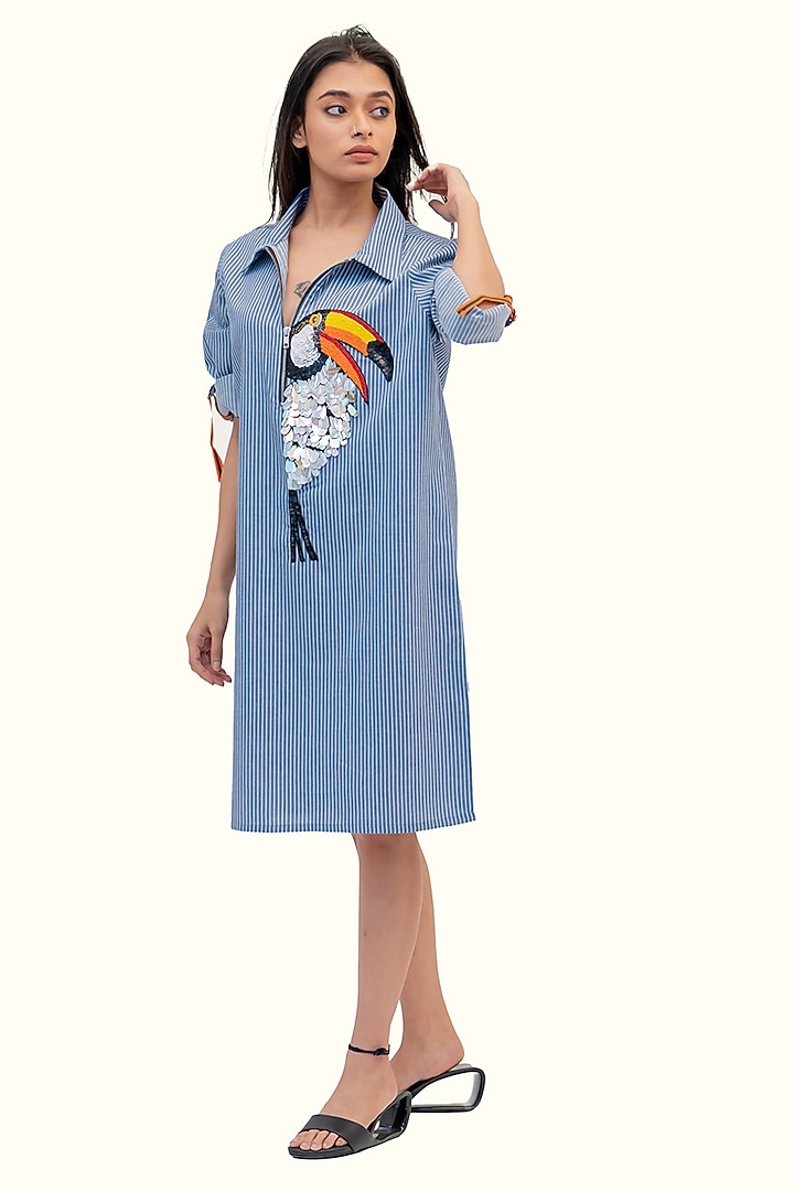 Blue & White Cotton Embroidered Striped Summer Dress by Richaa Goenka at Pernia's Pop Up Shop