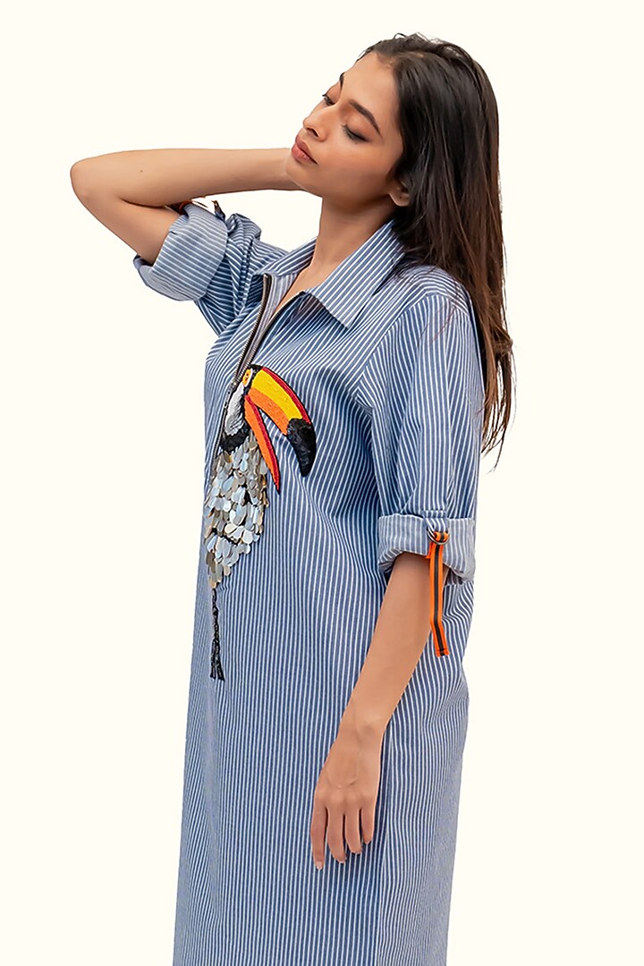 Blue & White Cotton Embroidered Striped Summer Dress by Richaa Goenka at Pernia's Pop Up Shop