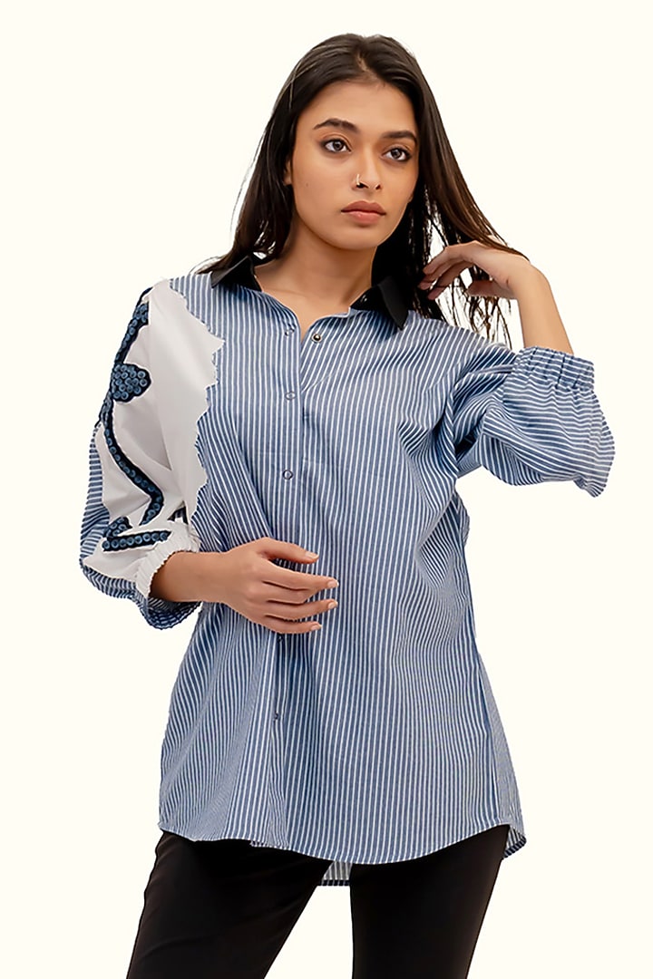 Blue & White Cotton Floral Embroidered Striped Shirt by Richaa Goenka at Pernia's Pop Up Shop