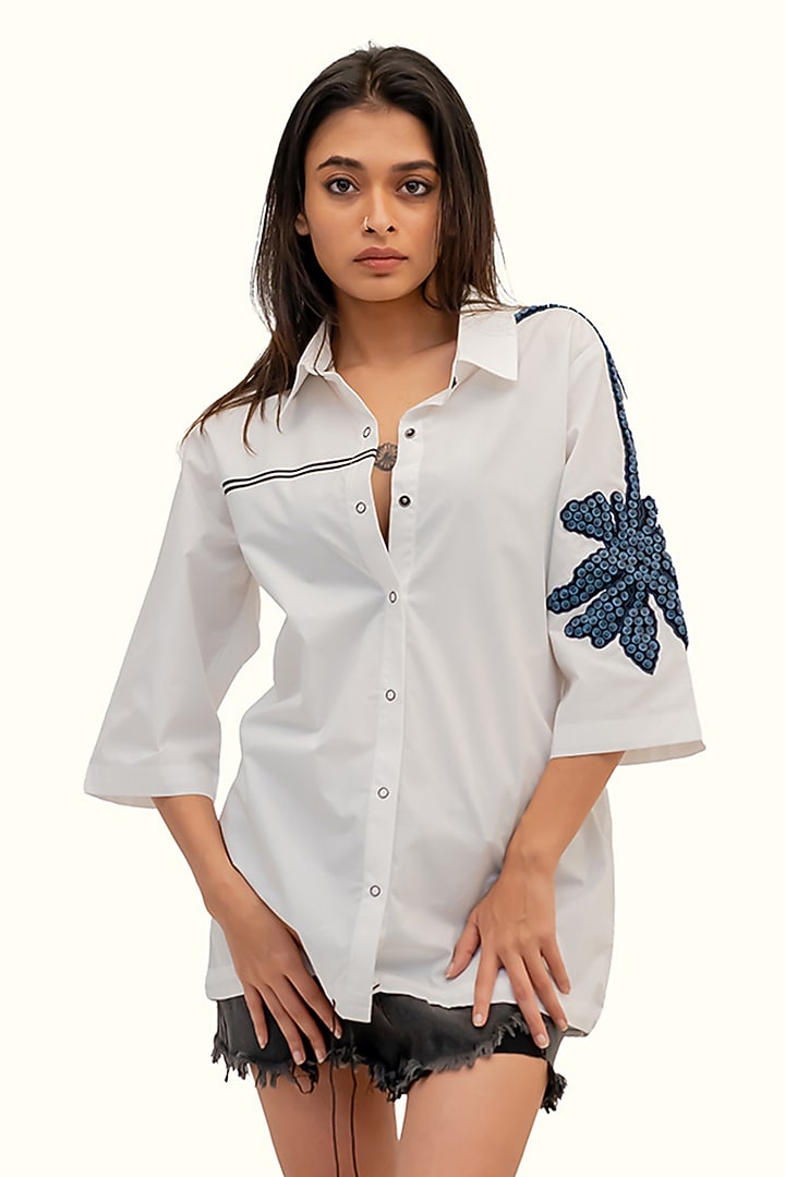 White Cotton Floral Embroidered Shirt by Richaa Goenka at Pernia's Pop Up Shop