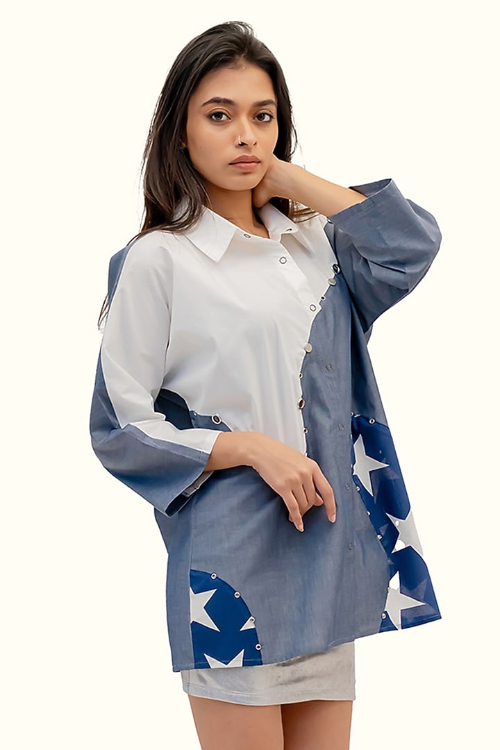 White Cotton & Chambray Printed Shirt by Richaa Goenka at Pernia's Pop Up Shop