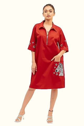Red Cotton Sequin Embroidered Dress by Richaa Goenka
