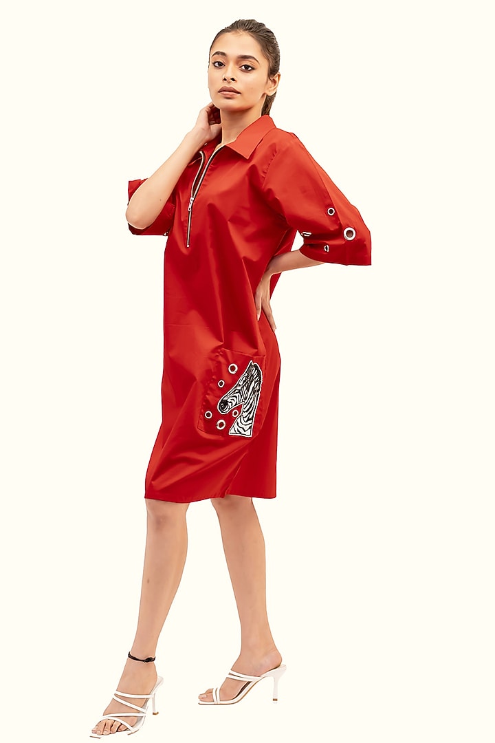Red Cotton Sequin Embroidered Summer Dress by Richaa Goenka at Pernia's Pop Up Shop