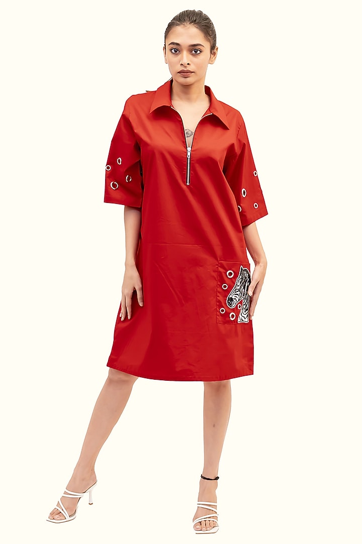 Red Cotton Sequin Embroidered Summer Dress by Richaa Goenka at Pernia's Pop Up Shop