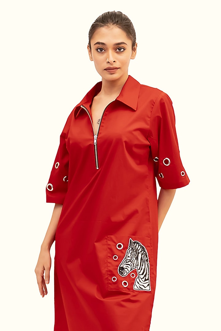 Red Cotton Sequin Embroidered Summer Dress by Richaa Goenka at Pernia's Pop Up Shop